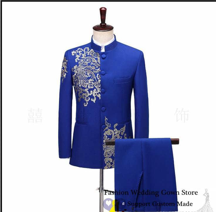 Blue Embroidered Men Chinese Tunic Suit Set Slim With Pants