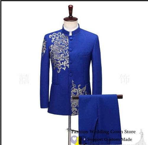 Blue Embroidered Men Chinese Tunic Suit Set Slim With Pants