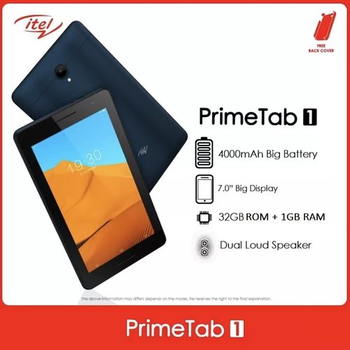 Itel PrimeTab 1 7.0" Screen, 32GB ROM + 1GB RAM, 4000mAh, 5.0MP Camera, Android 10, OTG, WIFI, Dual SIM Tab - Blue +Free Case