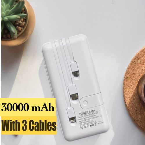 Universal 30,000mAh Inbuilt 3 in 1USB cable Powerbank - White