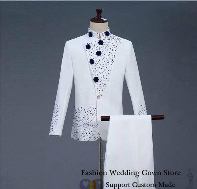 Chinese Tunic suit with Pants - White Set Auger Twinkling Male Suit