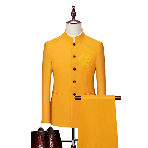 Yellow Embroidered Men Chinese Tunic Suit Set Slim With Pants
