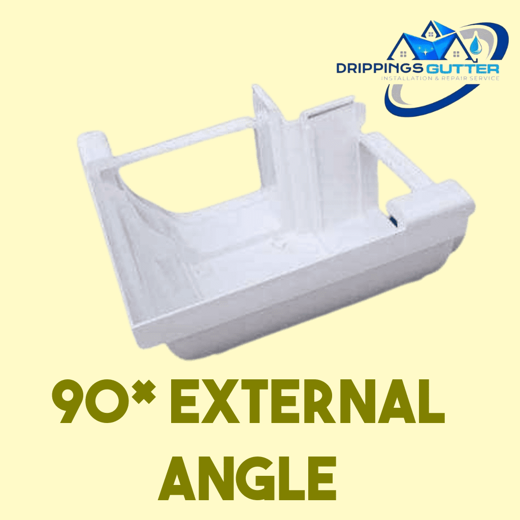 A white 90 degress external corner plastic mold for rain gutter system
