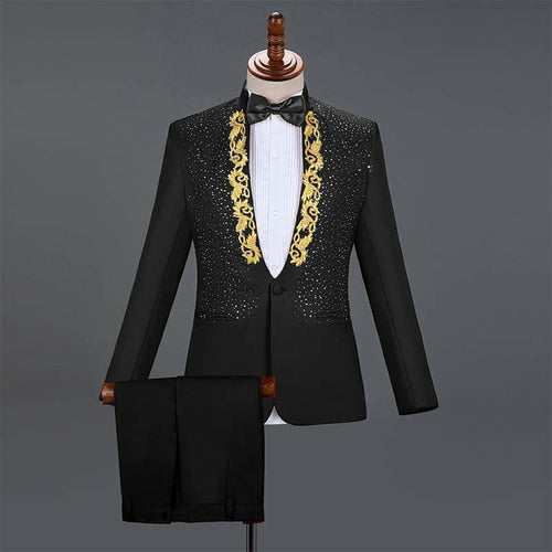 Embroidered Men Chinese Tunic Suit Set Slim With Pants