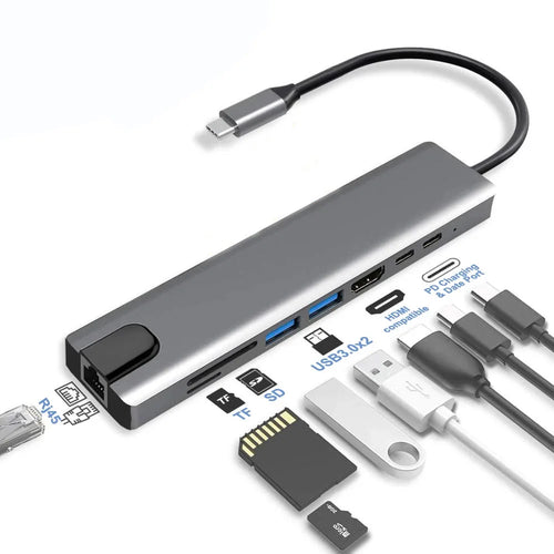 8-in-1 USB-C Hub with HDMI, RJ45, SD/TF & PD Charging