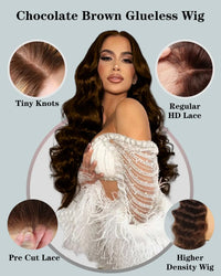 Glueless Lace Front Wig Pre Plucked Pre Cut Chocolate Brown 22 Inch HD Lace Body Wave Regular 4# Brown Lightweight 9.14 oz