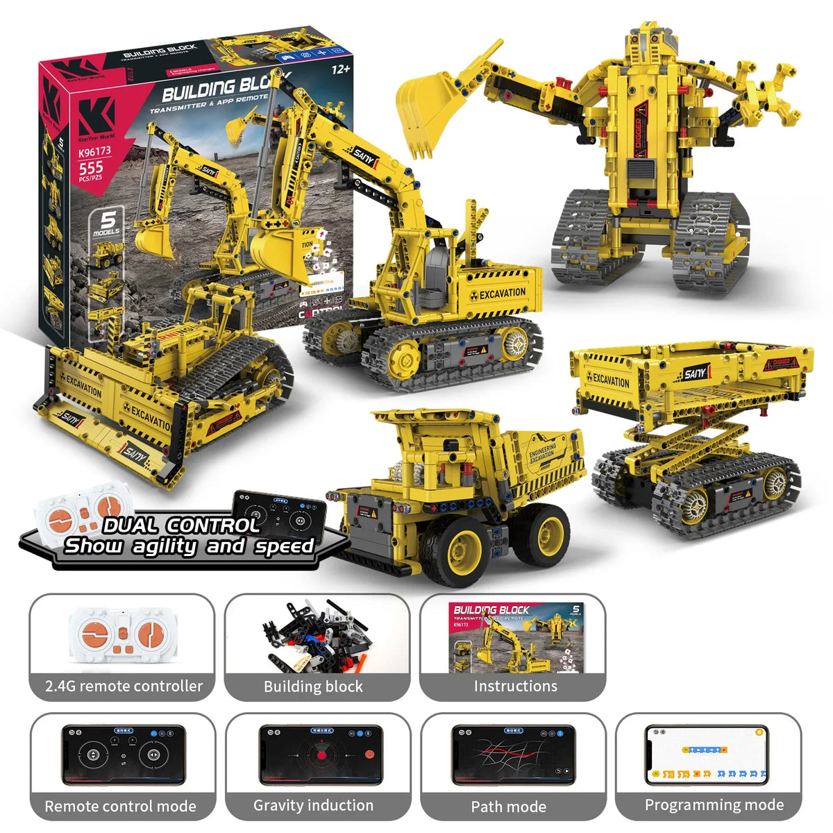 5-in-1 Remote Control Robot & Excavator Building Blocks – App Programmable Toy for Kids