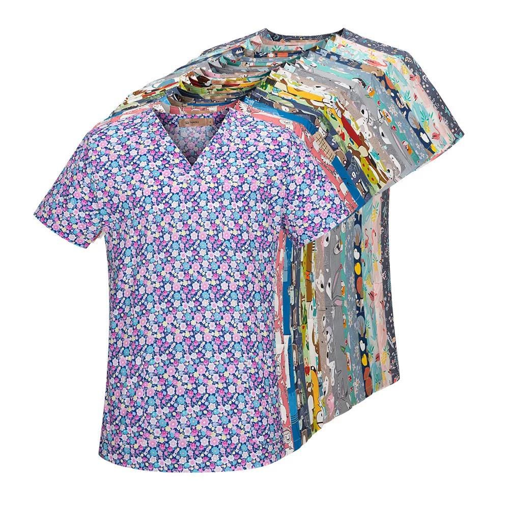 V-neck Dental Clinic Scrubs Tops Floral Printing