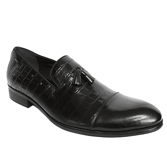 Black Leather Croc-Skin Slip-on Shoes - Blusaki
